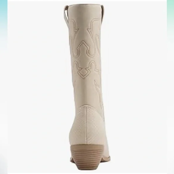 Soda Cream and Brown Heeled Boots with Western Flair - Picture 3 of 5